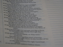 The image features a close-up view of a page from a religious text, possibly a Bible, displaying a number of verses arranged in a column. The text appears to be discussing historical events and divine actions.