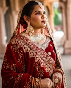 a woman in a red and gold bridal outfit