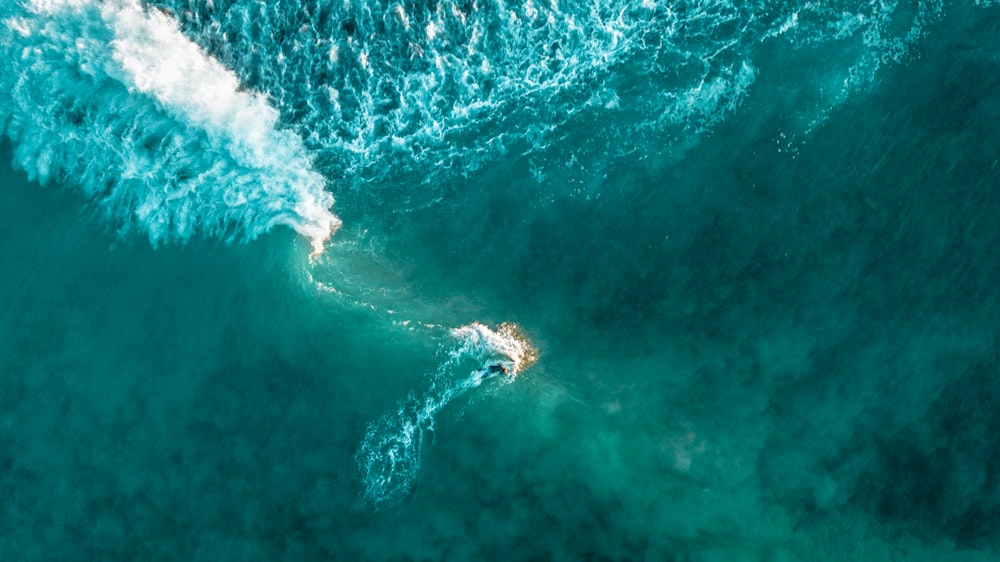 an aerial view of a surfer riding a wave