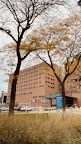 A large brick building with multiple windows stands behind tall trees with sparse branches, likely in the autumn season. The building features a prominent sign indicating 'Karmanos Cancer Institute' and there are parking and emergency signs visible near the entrance.