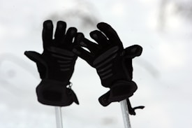 A pair of black gloves is mounted on upright poles in a snowy background. The gloves have a textured design with reinforced areas, possibly for skiing or outdoor sports. The background is predominantly white, indicating a winter or snowy environment.