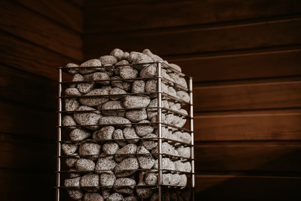 a stack of cookies sitting on top of a metal rack