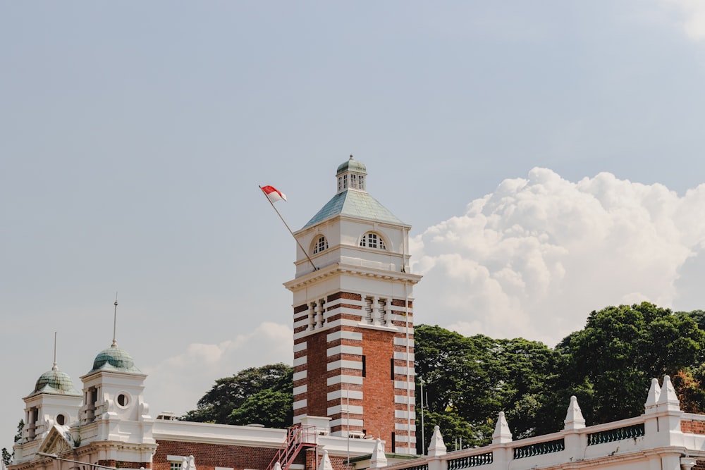 a clock tower with a flag on top of it