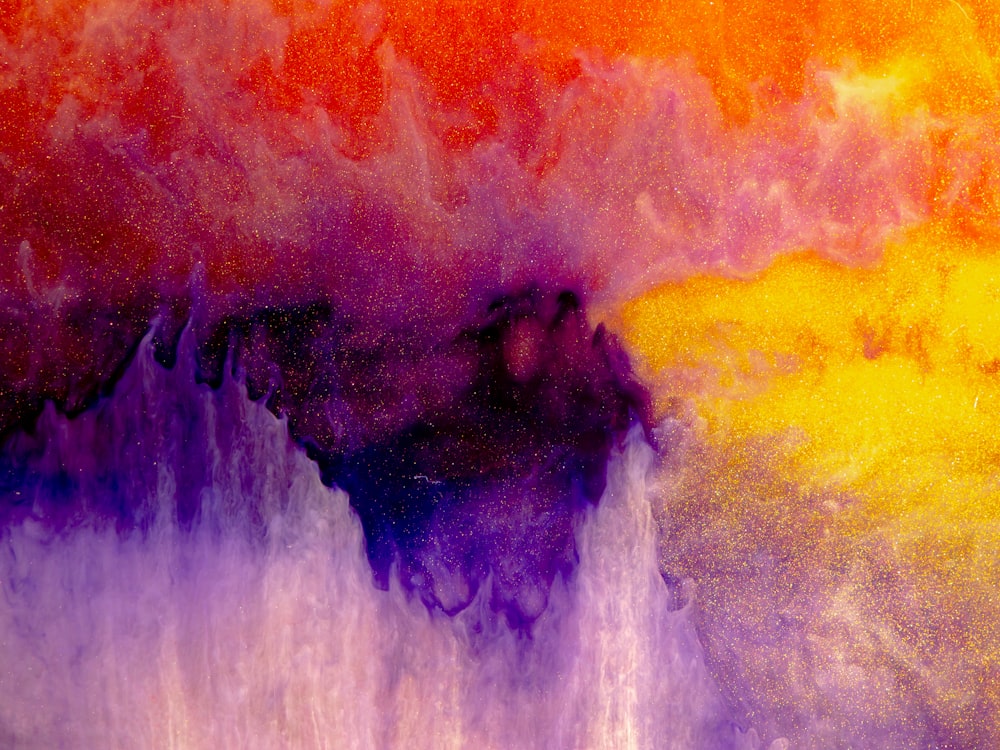 a painting of a waterfall with a rainbow colored sky in the background