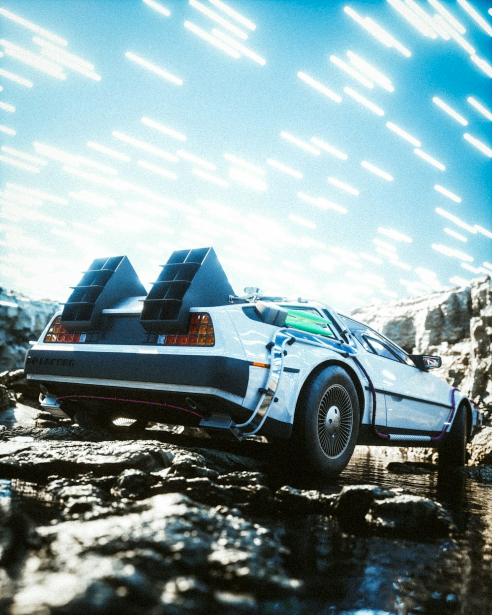 a back to the future car driving on a rocky road