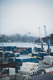 A bustling shipping port with numerous stacked cargo containers and two large cranes. The background features fog-covered hills and a body of water. The area is well-lit with tall light poles scattered throughout the site.