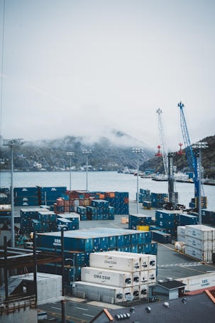 A bustling shipping port with numerous stacked cargo containers and two large cranes. The background features fog-covered hills and a body of water. The area is well-lit with tall light poles scattered throughout the site.