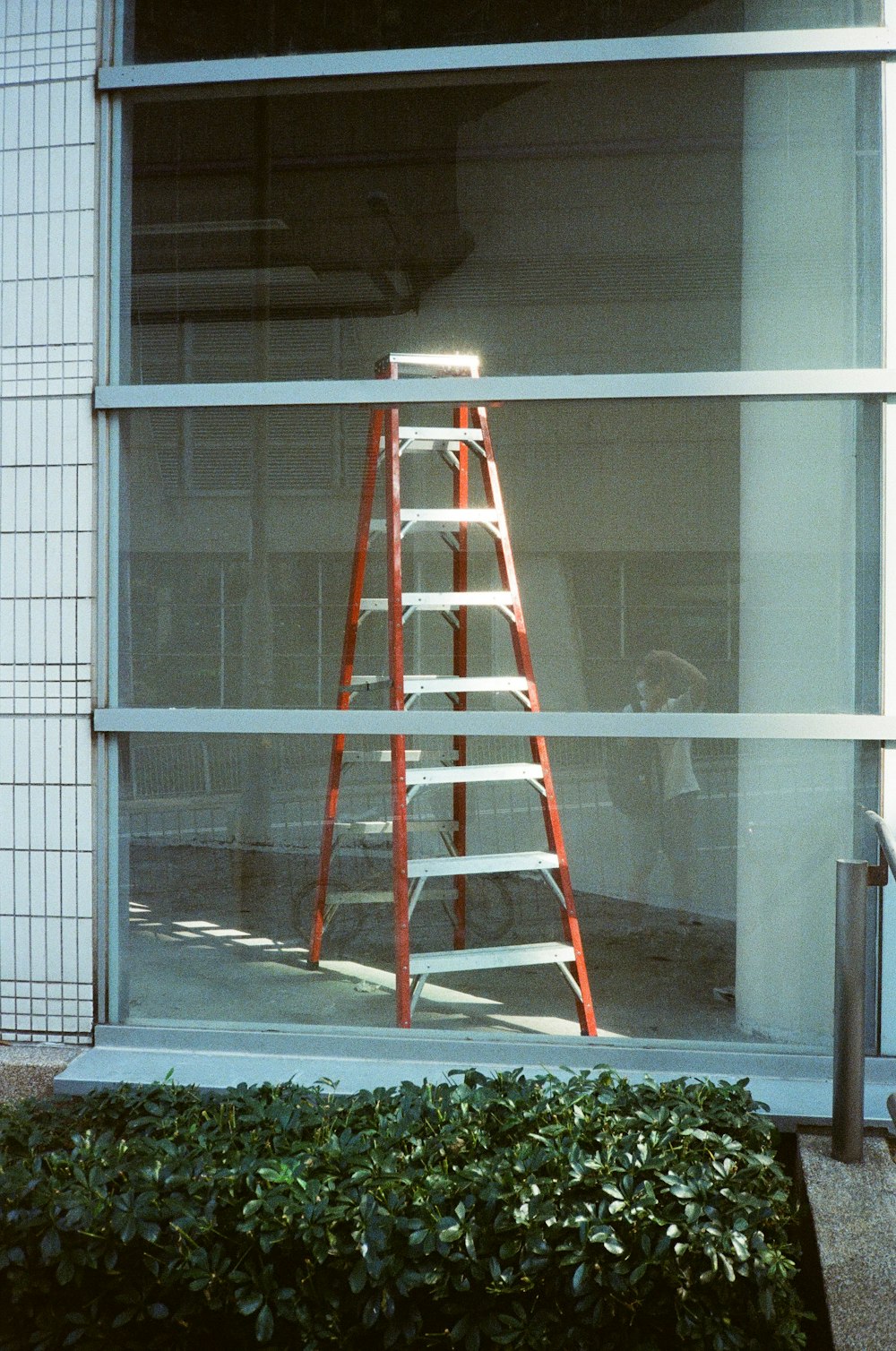 a red ladder sitting in front of a window
