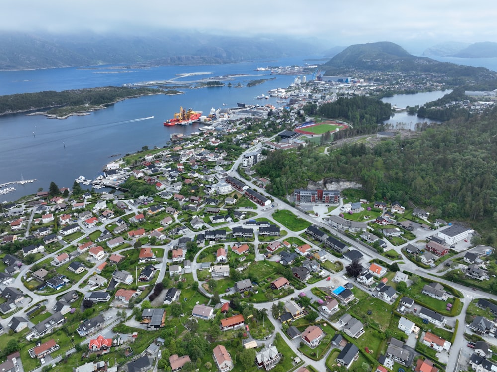 a bird's eye view of a small town by the water