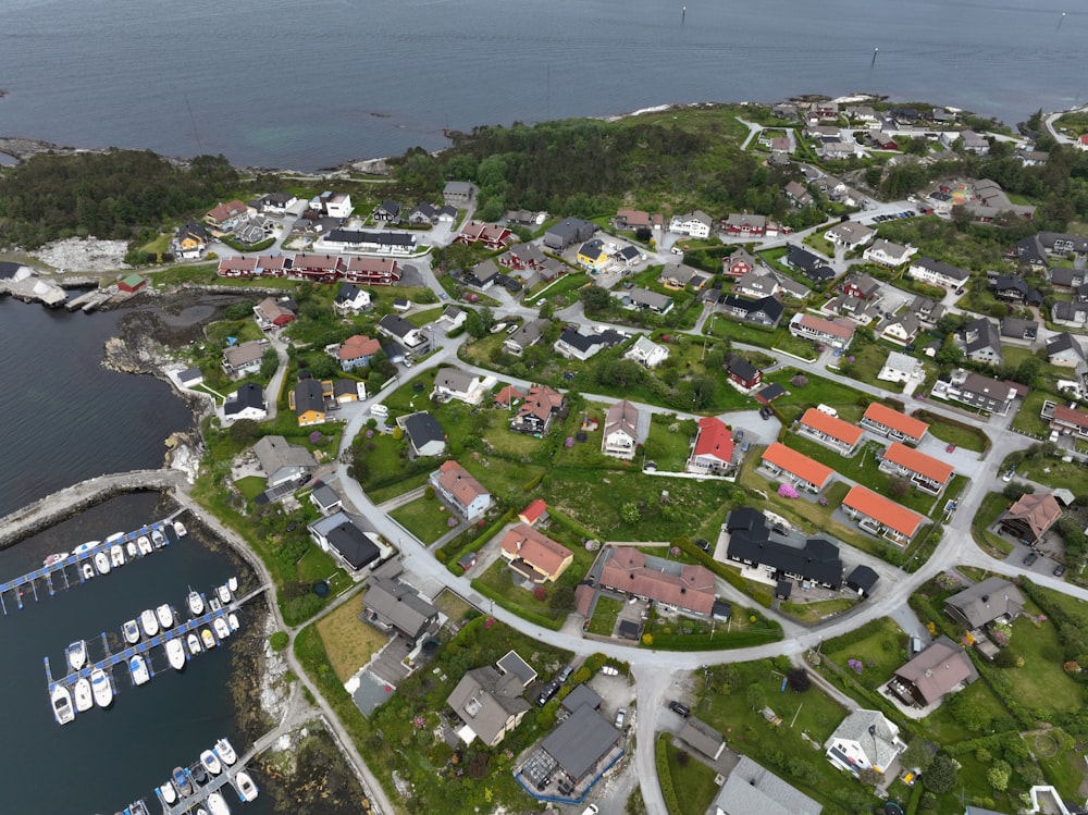 a bird's eye view of a small town by the water