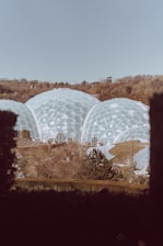 Large geodesic domes resembling greenhouses are positioned in a natural setting, surrounded by trees and foliage. The structures are made up of a network of hexagonal panels, and the surrounding area is lush with greenery and a clear sky overhead.