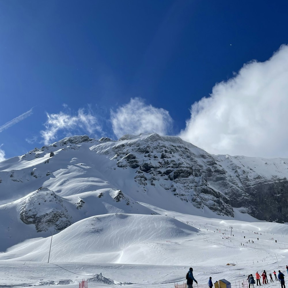 a group of people riding skis down a snow covered slope