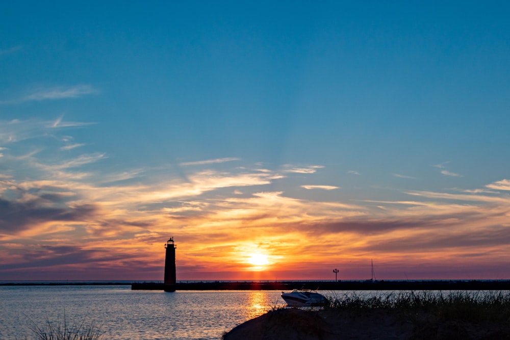 the sun is setting over a body of water