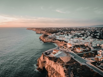 an aerial view of a city next to the ocean