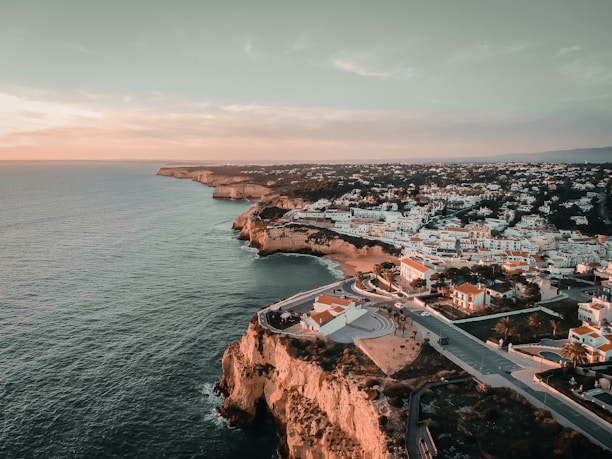 an aerial view of a city next to the ocean