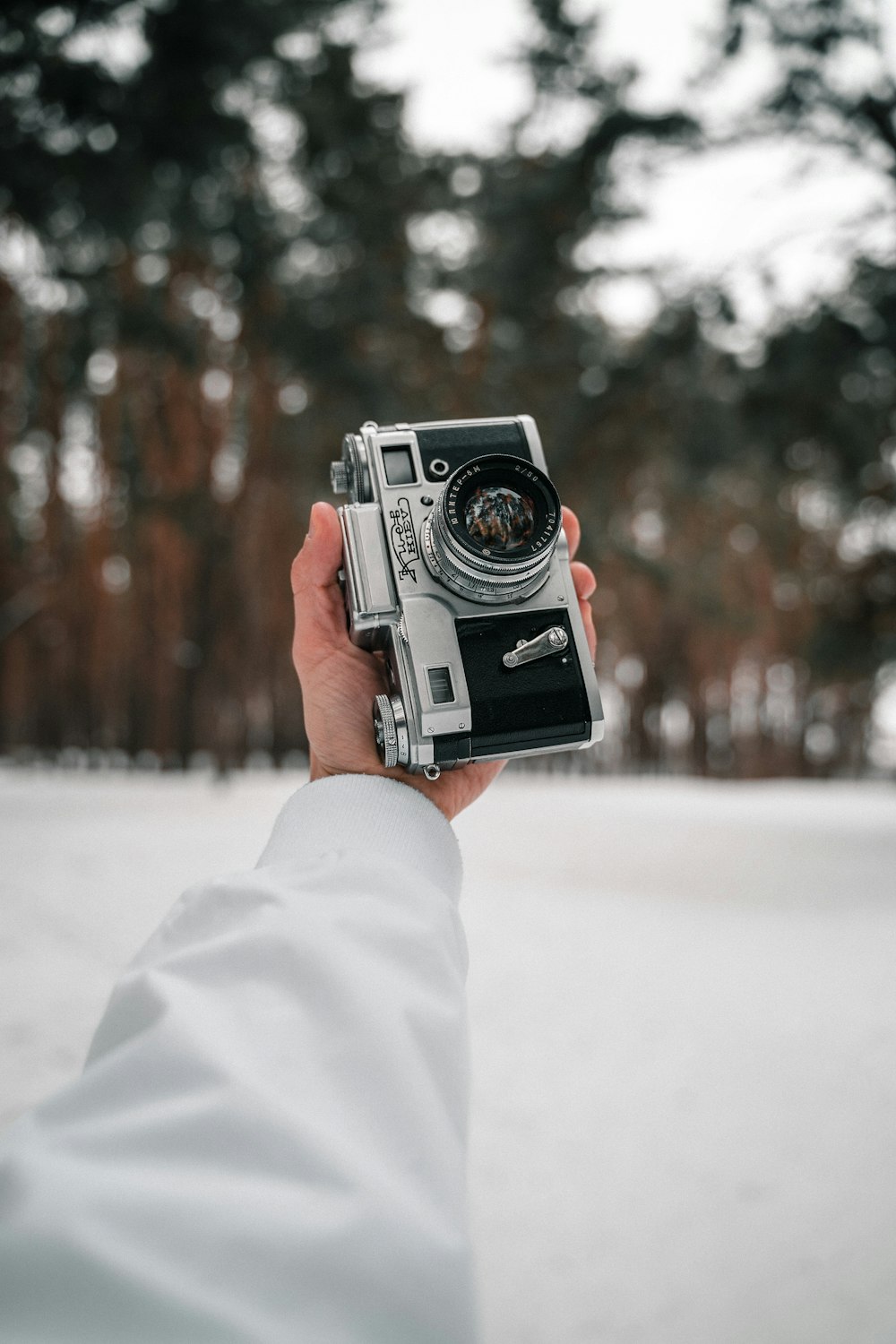 a person holding up a camera in the snow