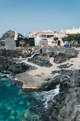 a view of a rocky beach with houses in the background