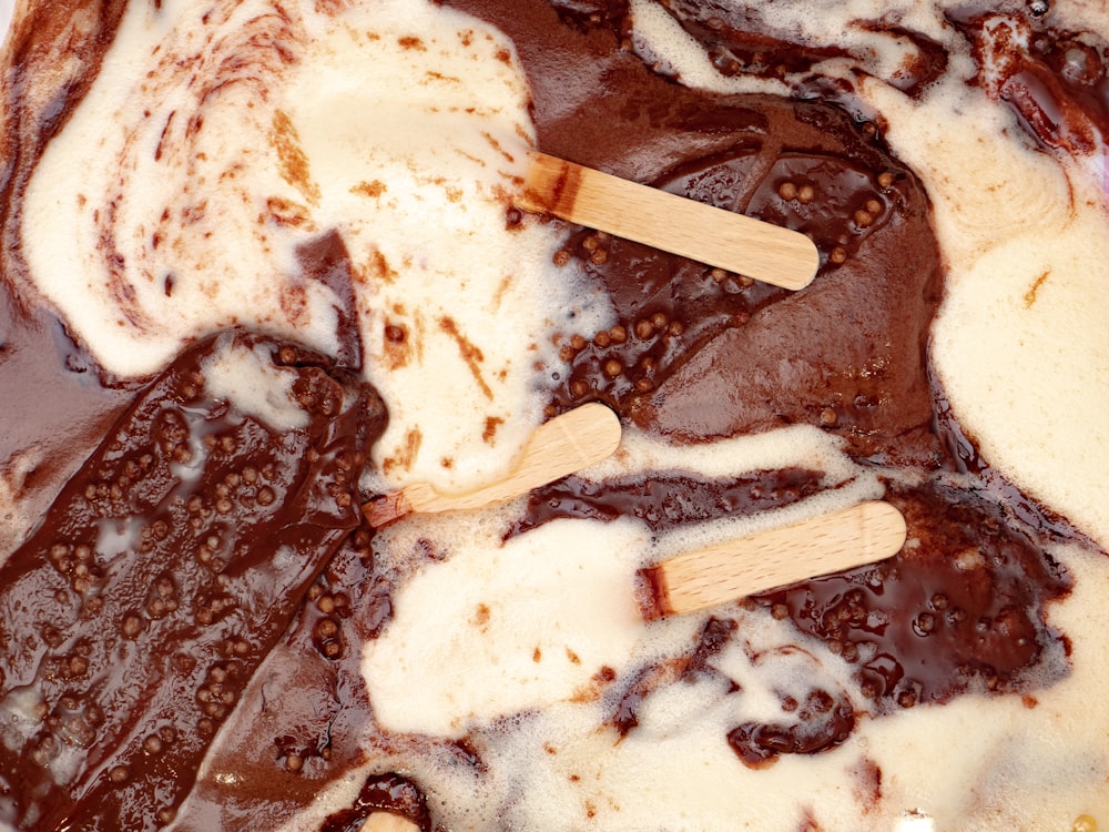 a pan filled with chocolate and vanilla ice cream