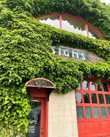 A building facade covered in lush green ivy with a red door and window frames. Above the door, a wooden sign displays the word 'SIGNS' in a stylized font. The structure has a vintage and natural aesthetic, highlighted by the combination of vibrant greenery and warm red tones.