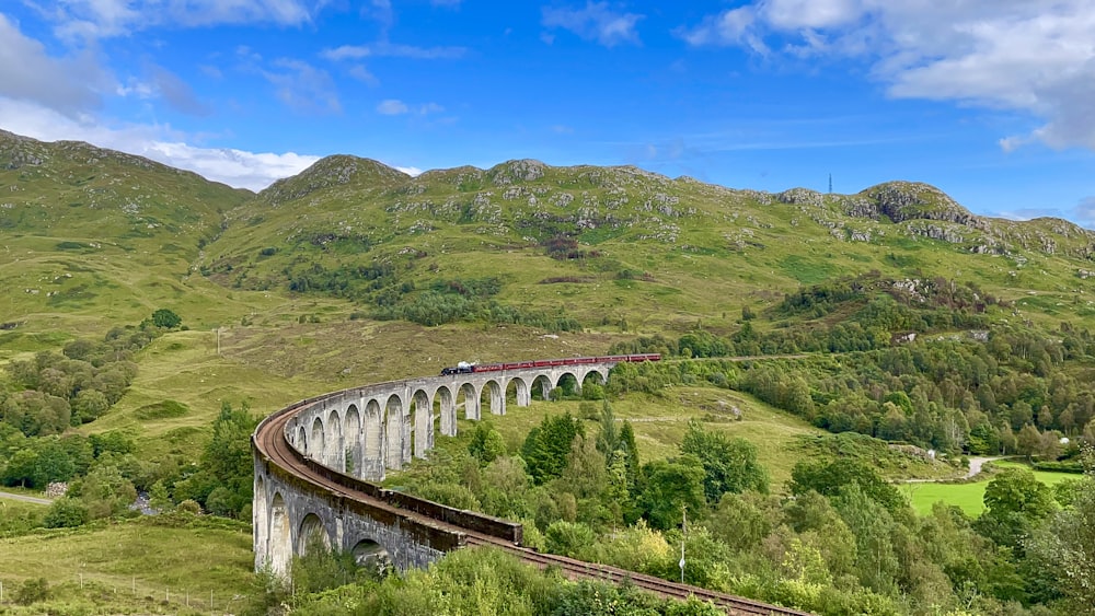 a train on a bridge over a valley