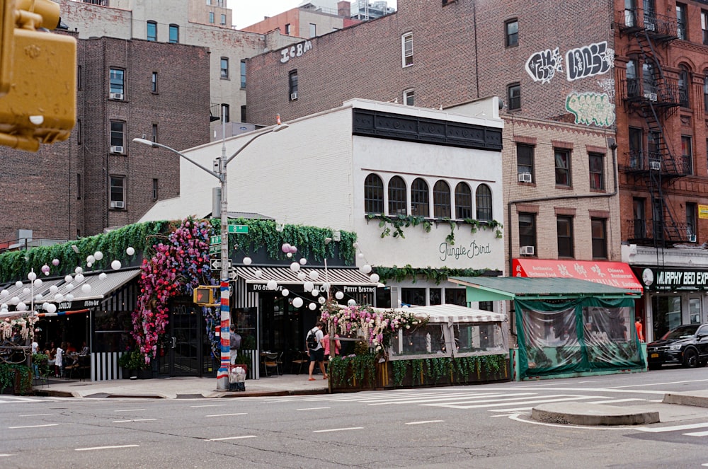 a street with a building and flowers