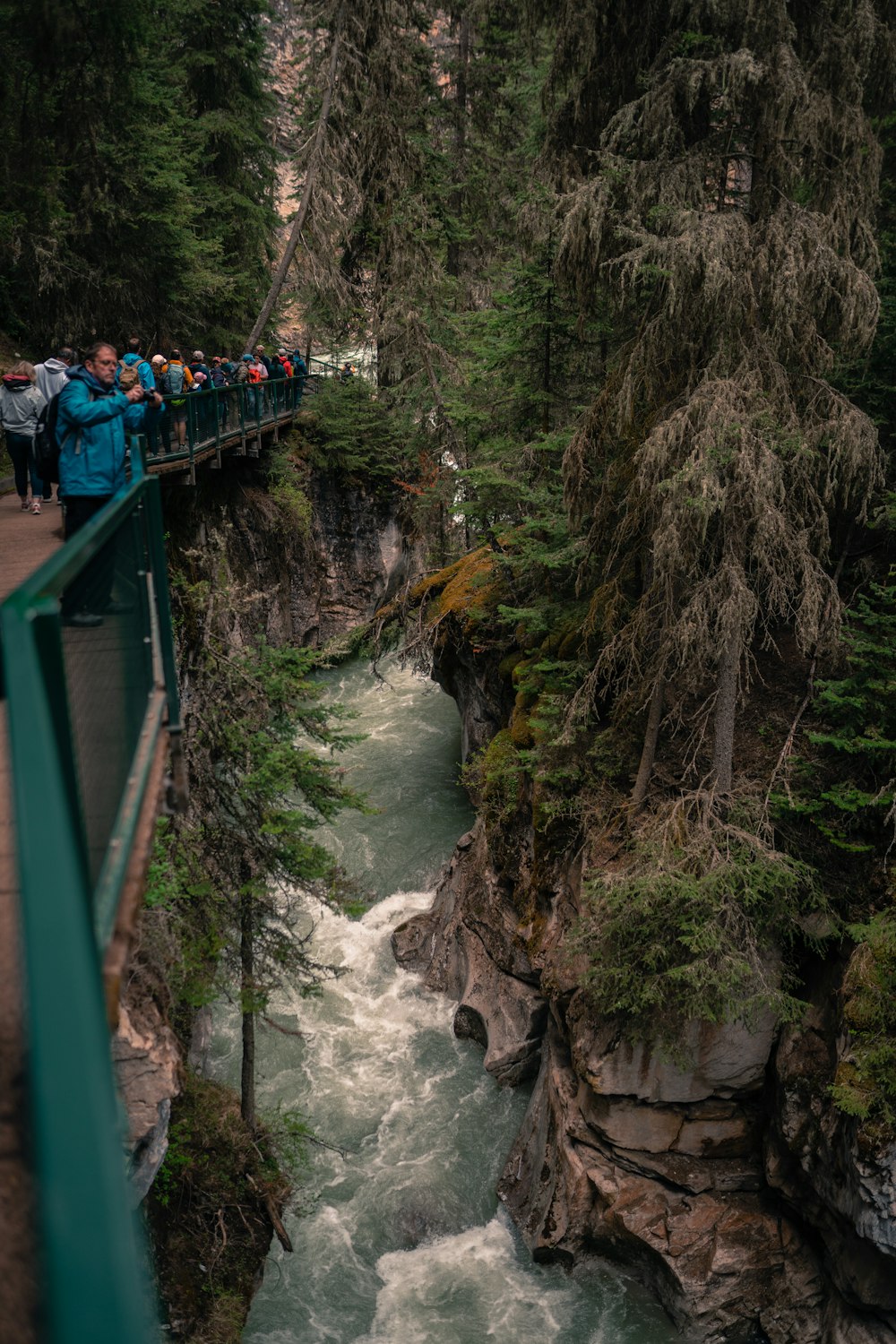 a group of people on a bridge over a river