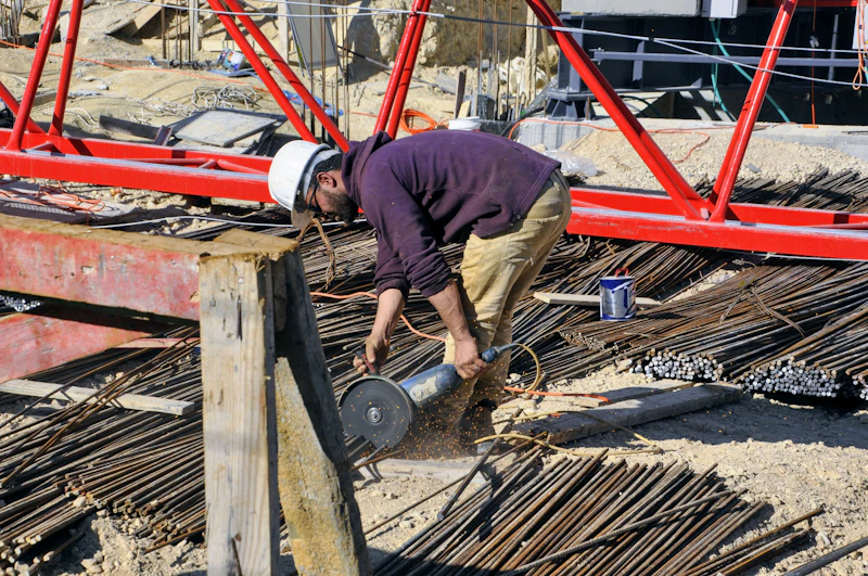 Black African construction workers welding a structural steel beam on site