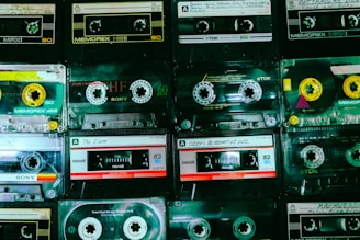 A collection of vintage cassette tapes is neatly arranged in rows, showcasing different brands such as Memorex, Sony, and TDK. Each tape displays handwritten labels with artist names and titles, reflecting a nostalgic appreciation for analog music formats.