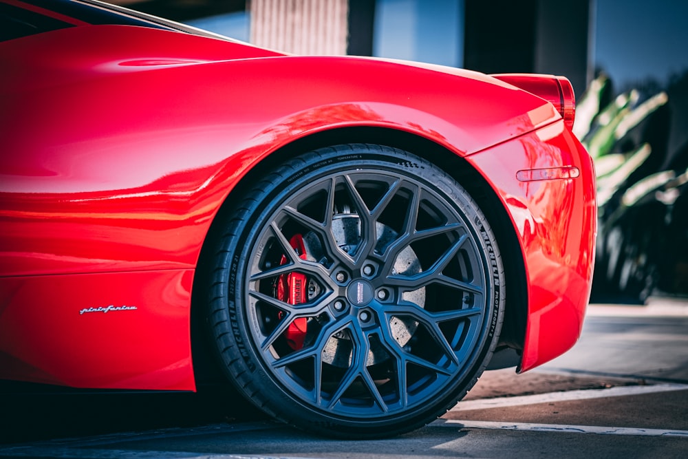 the front of a red car