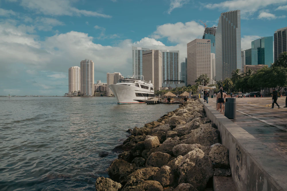 Boat on the water beside the Miami skyline