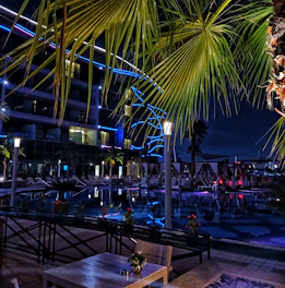 A nighttime shot of a modern rectangular pool illuminated with soft blue lights, surrounded by a minimalist concrete patio.