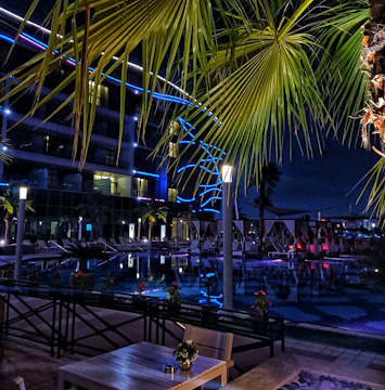 A nighttime shot of a modern rectangular pool illuminated with soft blue lights, surrounded by a minimalist concrete patio.