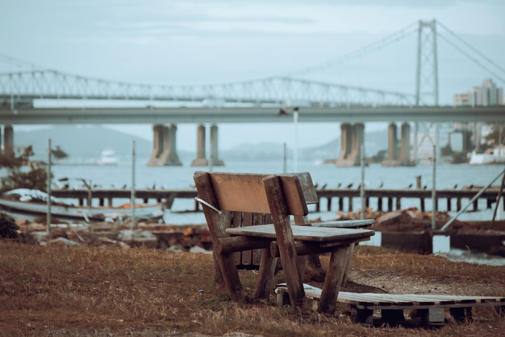 a bench sits in front of a river