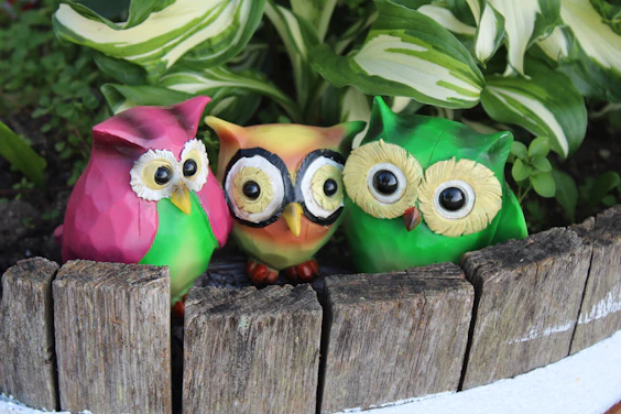 Vibrant owl decorations arranged on a rustic wooden fence, paired with a flower pot holding a lush g