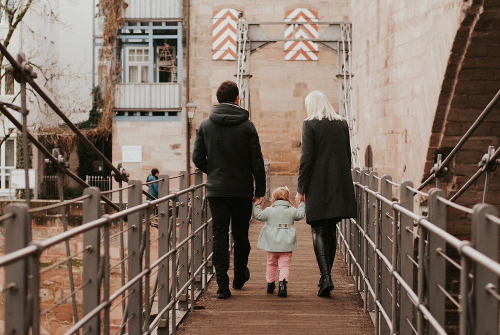 a group of people walking on a bridge