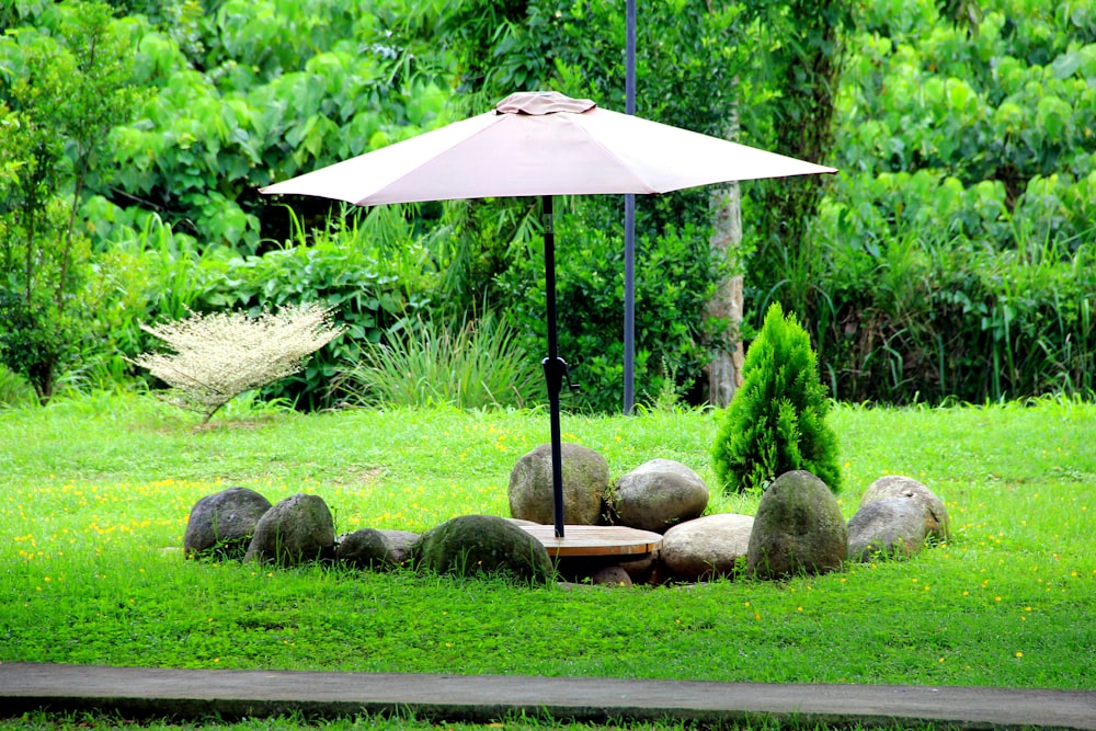 a umbrella and some rocks in a grassy area