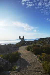 a group of people standing on a rock ledge overlooking a body of water