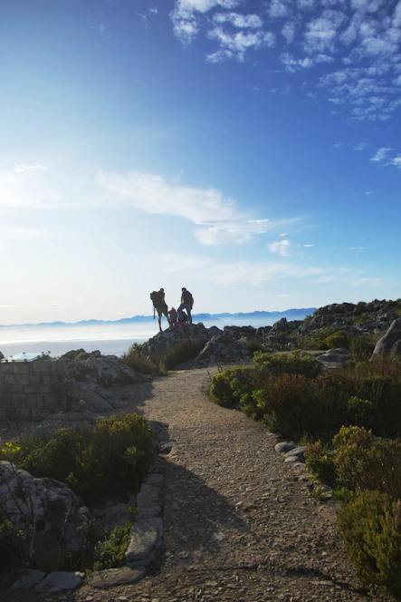a group of people standing on a rock ledge overlooking a body of water