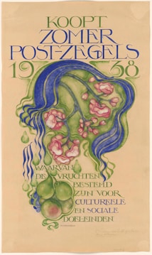 A vintage-style poster features stylized text in blue and green with flowing, organic lines and floral motifs. Pink and green fruits are depicted alongside decorative swirls, adding an artistic flair to the poster's design. The text is in Dutch, advertising summer postage stamps for cultural and social purposes.