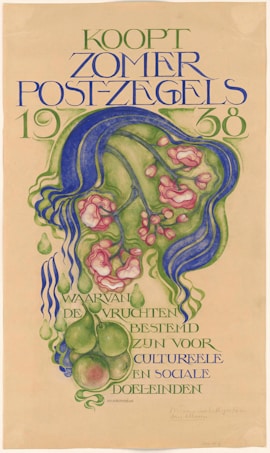 A vintage-style poster features stylized text in blue and green with flowing, organic lines and floral motifs. Pink and green fruits are depicted alongside decorative swirls, adding an artistic flair to the poster's design. The text is in Dutch, advertising summer postage stamps for cultural and social purposes.