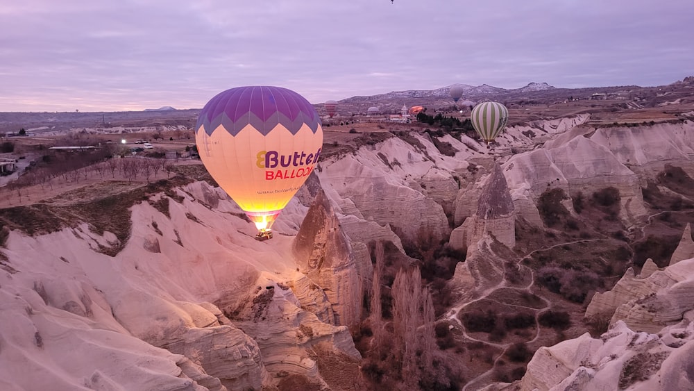 a group of hot air balloons flying over a canyon