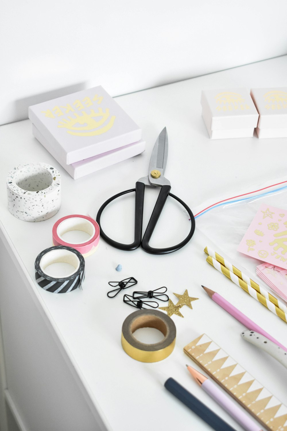 a table with a variety of objects on it