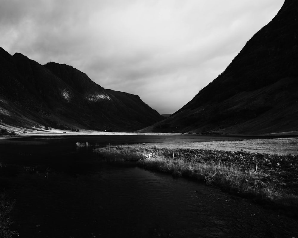 a river running through a valley between mountains