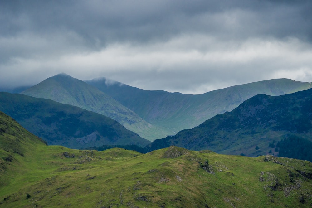 a grassy valley with mountains in the background