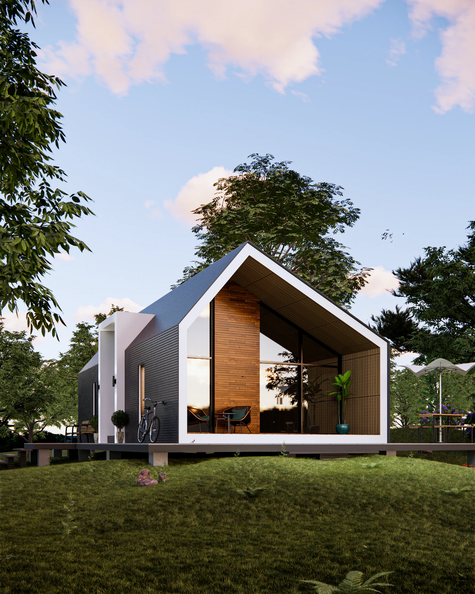 Small cabin-style home with floor-to-ceiling glass front