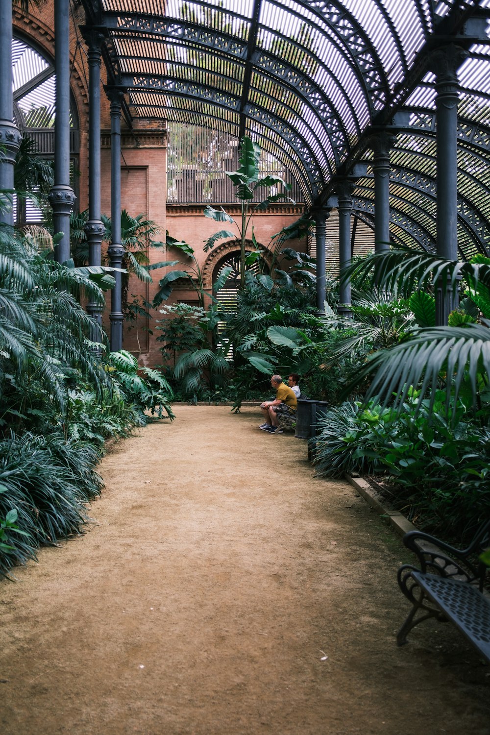 a person sitting on a bench in a garden