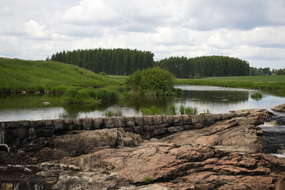 a body of water with trees and hills in the background