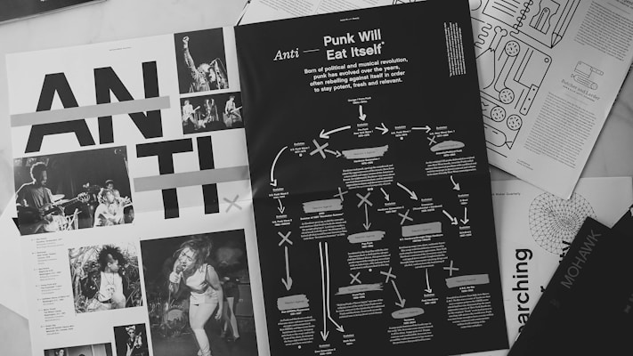 Various magazine pages are scattered, featuring black and white photographs of punk musicians performing, overlaid with bold text headers. One page prominently features the phrase 'Punk Will Eat Itself' and includes a flowchart of ideas and text regarding political and musical revolution. The overall layout is dynamic and visually engaging.
