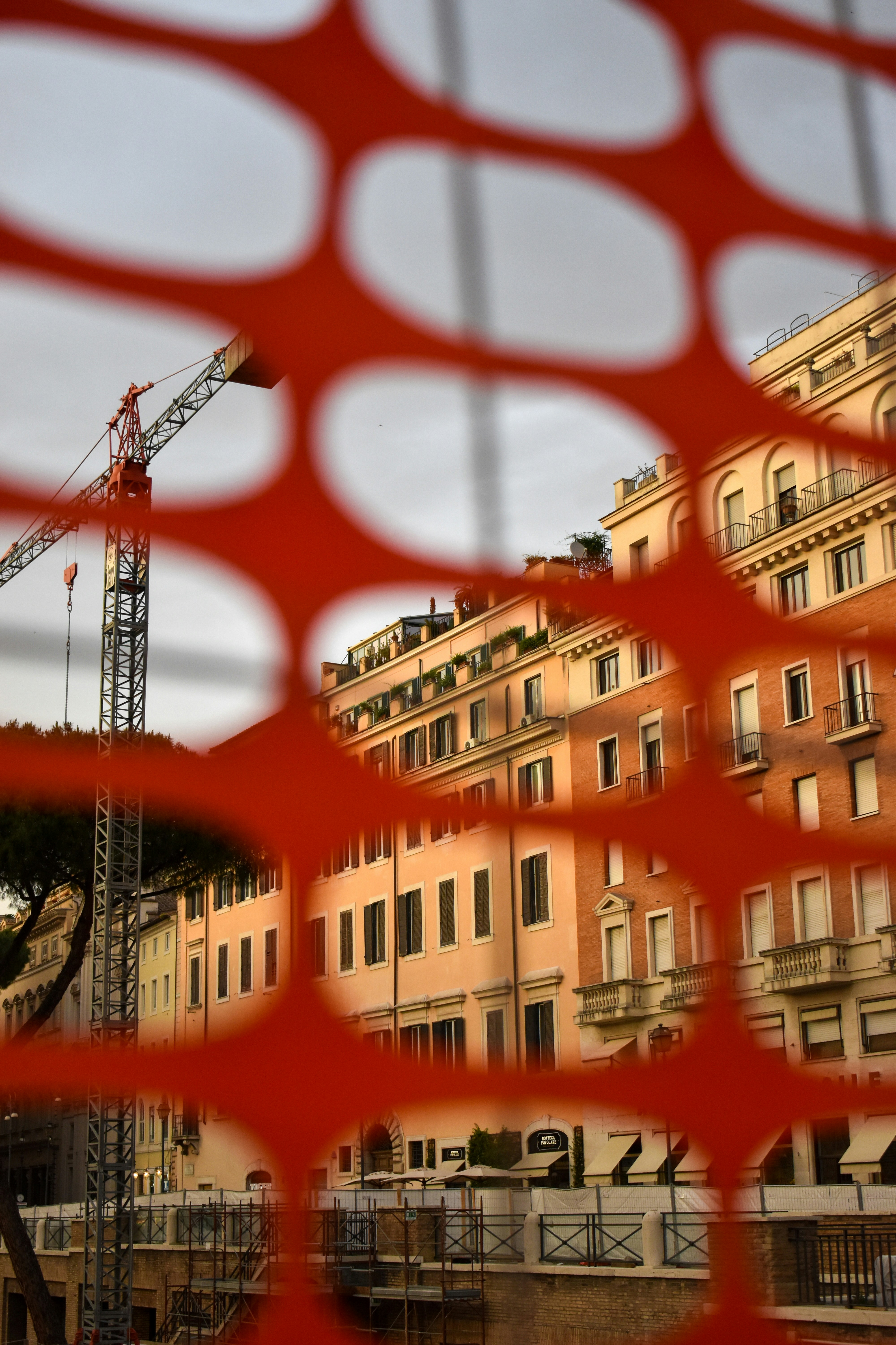 a building with a red and white design
