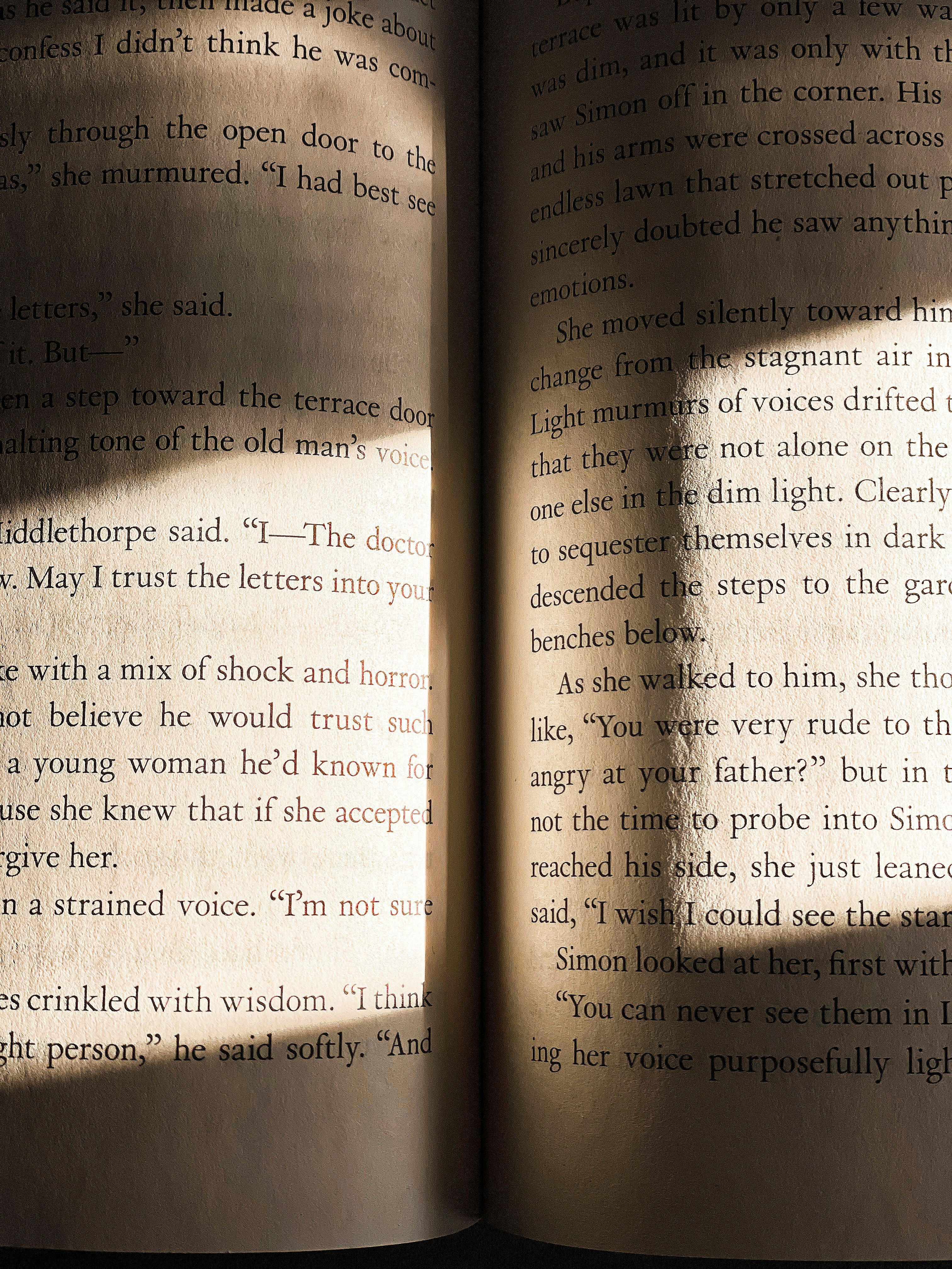 Dramatic close-up of open book pages with light streaming through, creating luminous white and shadow contrast